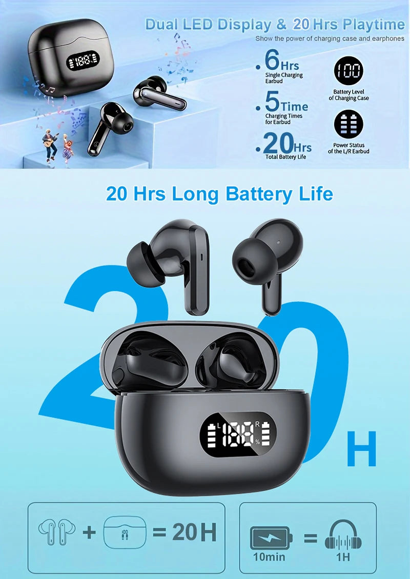 Wireless Bluetooth 5.3 Earbuds – 40dB Noise Cancelling, 6-Mic ENC, HD Calls & LED Display with Transparency Mode!