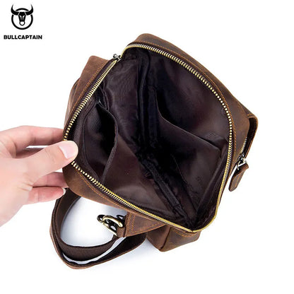 BULLCAPTAIN Men's Crazy Horse Leather Crossbody Bag – Retro Chest Bag for Travel & Daily Use