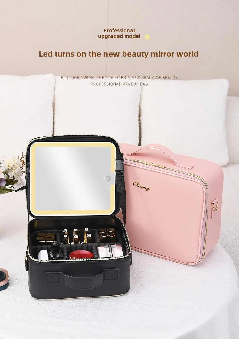 2025 Premium LED Cosmetic Bag – Large-Capacity Portable Makeup Storage Box with Mirror