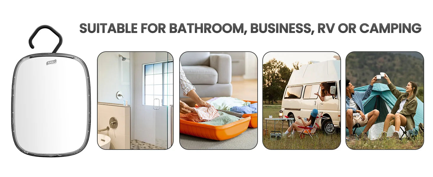 TAILI Shower Mirror Fogless for Shaving, Removable Fog Free Wall Hanging Mirror Portable Bathroom Mirror for Travel Camping