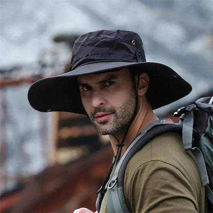 2025 Summer Wide Brim Bucket Hat – Breathable Mesh Outdoor Sun Cap for Men