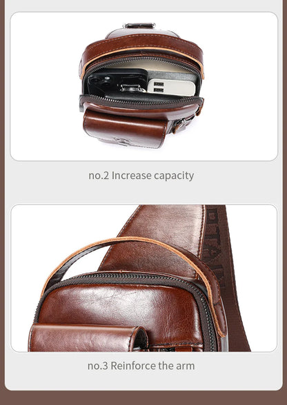 BULLCAPTAIN Men's Genuine Leather Chest Bag – Retro Anti-Theft Crossbody Bag for 7.9" Devices