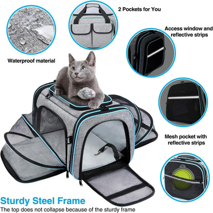 Approved Pet Carrier, Large Soft Sided Pet Travel TSA Carrier 4 Sides Expandable Cat Collapsible Carrier with Removable