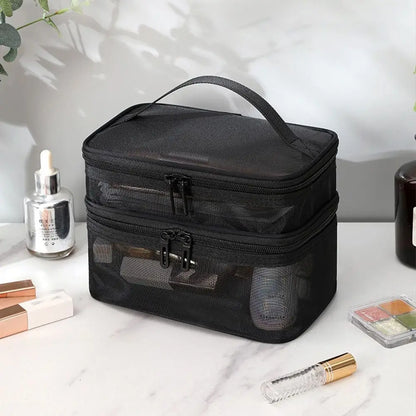 Fashion Transparent Mesh Travel Cosmetic Bag – Large Capacity 1/2/3 Layer Toiletry & Makeup Organizer for Women