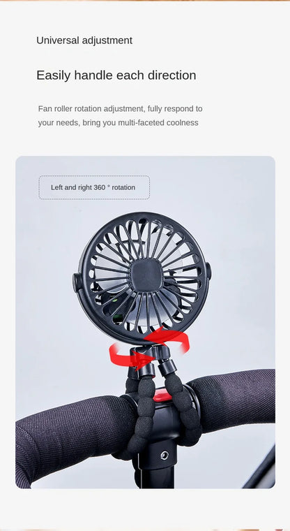 Portable Clip-On Stroller Fan – USB Rechargeable 3-Speed Fan for Baby, Cart & Outdoor Use