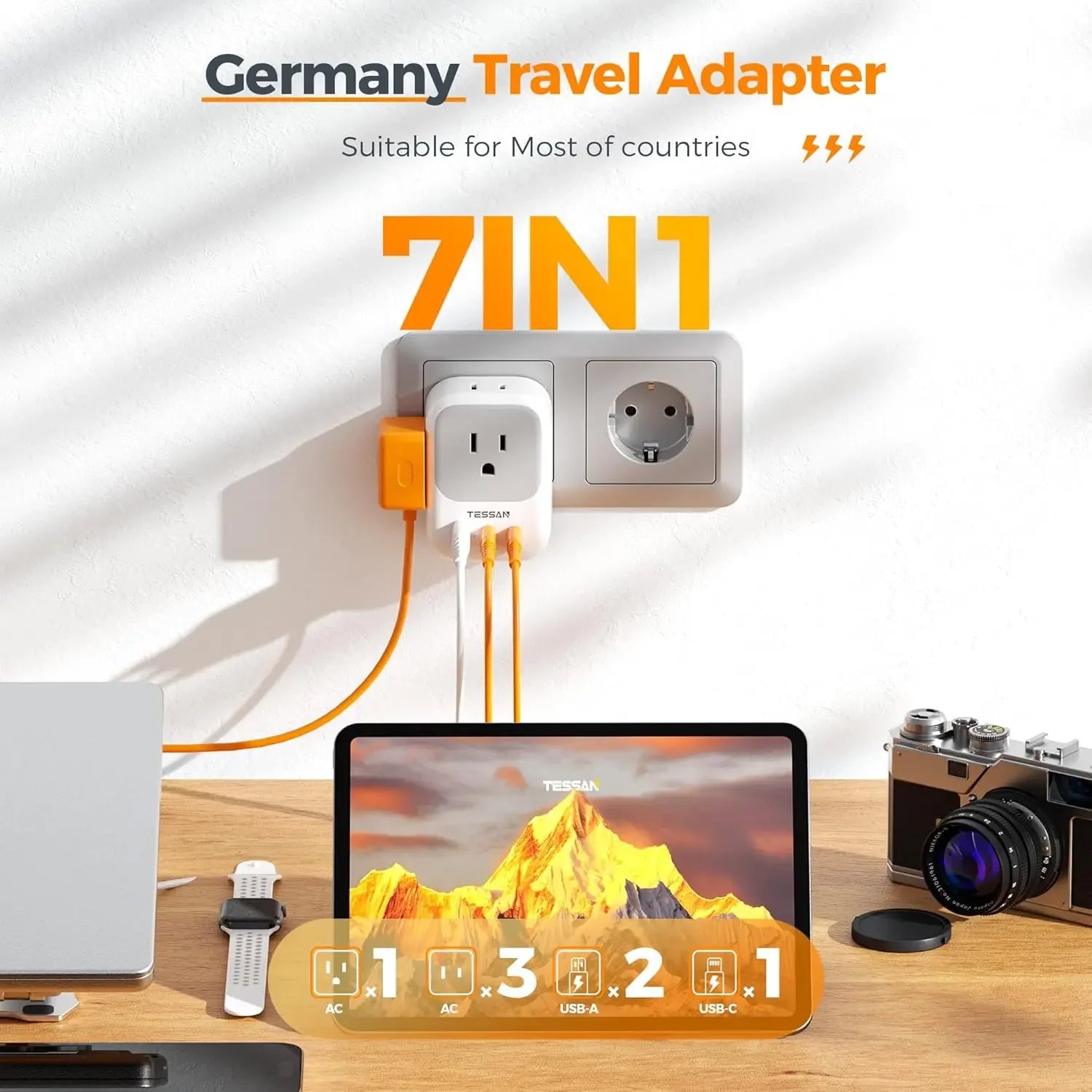 TESSAN US to EU Travel Adapter – 7-in-1 Plug with 4 AC Outlets & 3 USB Ports for Spain, France, Russia & More