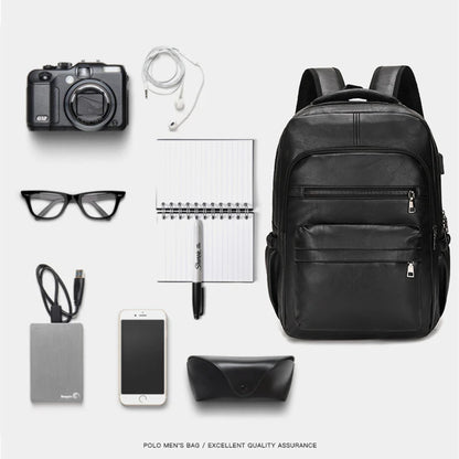 High-Quality USB Charging Backpack for Men – PU Leather Laptop Backpack, Large Schoolbag for Teenagers and Boys