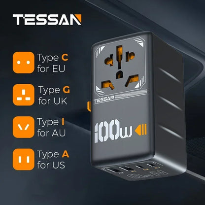 TESSAN 65W GaN Universal Travel Adapter – Fast Charging USB & Type-C Power Adapter for EU/UK/US/AU!