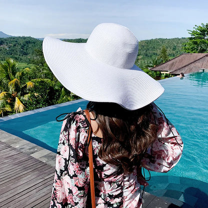 Women 15cm Wide Brim Sun Hat Summer Travel Floppy Straw Hat Female Outdoor Vacation Roll Up UPF50+ Oversized Foldable Beach Hat