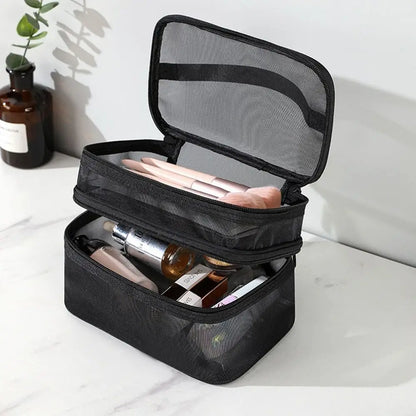 Fashion Transparent Mesh Travel Cosmetic Bag – Large Capacity 1/2/3 Layer Toiletry & Makeup Organizer for Women