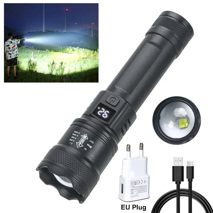 High-Power 2000LM LED Flashlight – Tactical Torch with Display Light, USB Charging, and Zoom for Camping, Fishing & Emergency