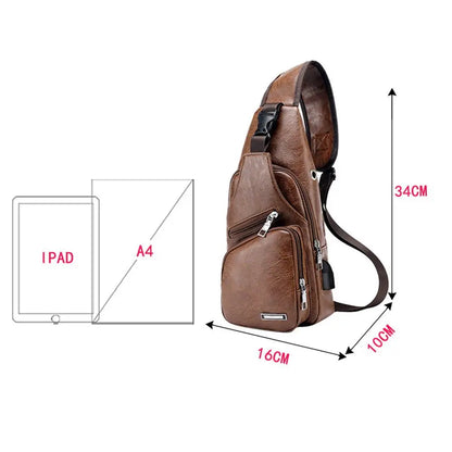 USB Data Cable Charging Chest Bag – Casual Fashion Shoulder Bag, PU Outdoor Sports Men’s Backpack