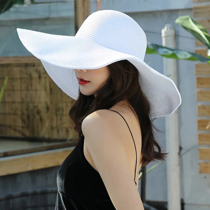 Women 15cm Wide Brim Sun Hat Summer Travel Floppy Straw Hat Female Outdoor Vacation Roll Up UPF50+ Oversized Foldable Beach Hat