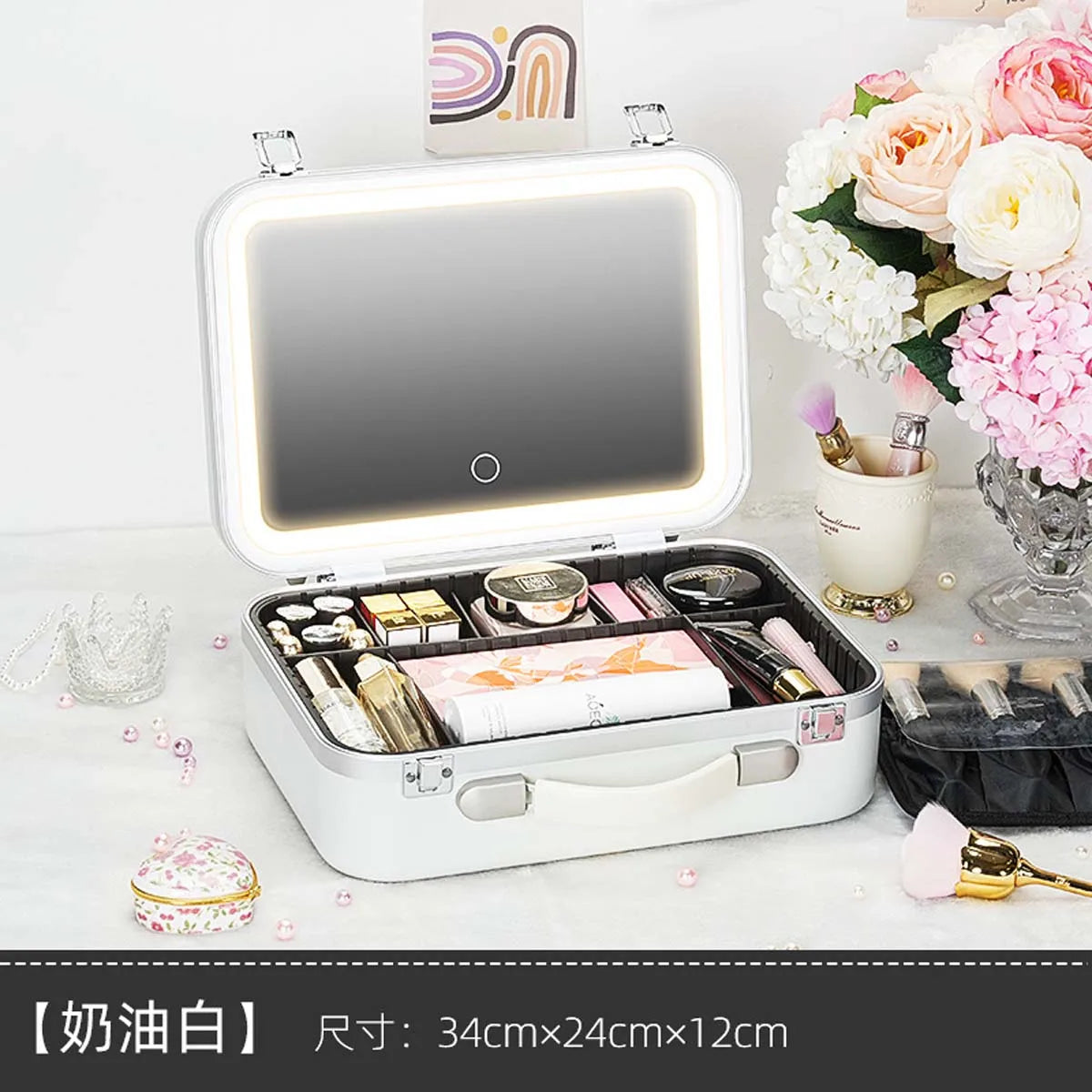 Large-Capacity LED Makeup Case with Mirror – Portable Professional Cosmetic Storage Box