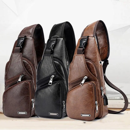 USB Data Cable Charging Chest Bag – Casual Fashion Shoulder Bag, PU Outdoor Sports Men’s Backpack