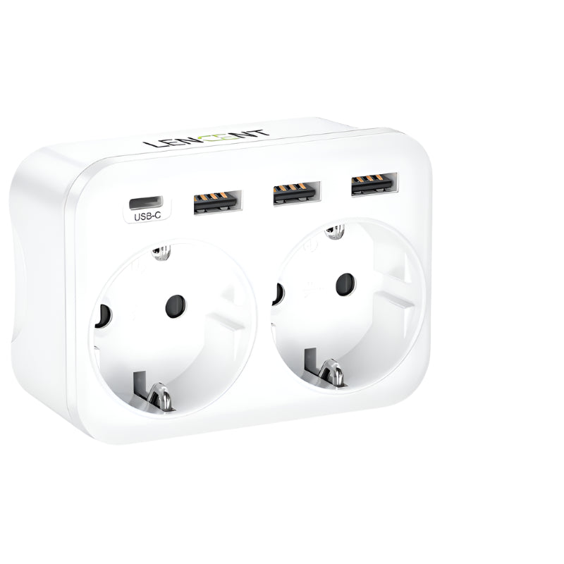 LENCENT 6-in-1 Wall Charger – Multi-Plug Adapter with 2 Schuko Sockets, 3 USB & 1 Type-C for Home & Office!