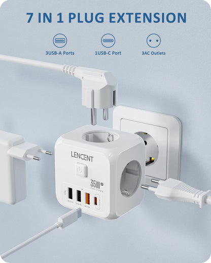 LENCENT 7-in-1 EU Power Strip – Wall Socket with 3 AC Outlets, 3 USB (QC 18W) & 1 Type-C (PD 35W) Fast Charger!