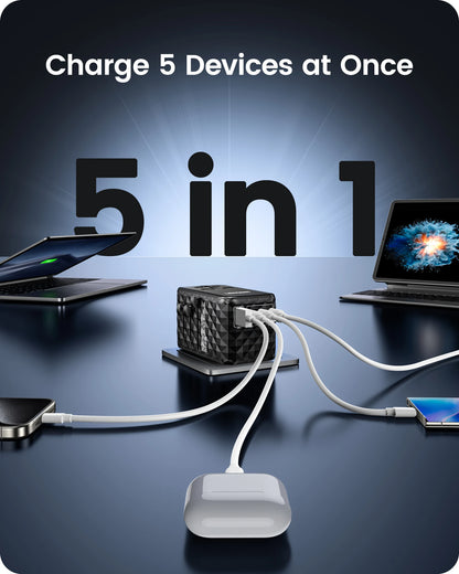 LENCENT 140W GaN Universal Travel Adapter – Fast Charging with 3 USB-C & 1 USB-A for EU/UK/US/AU! 🌍⚡