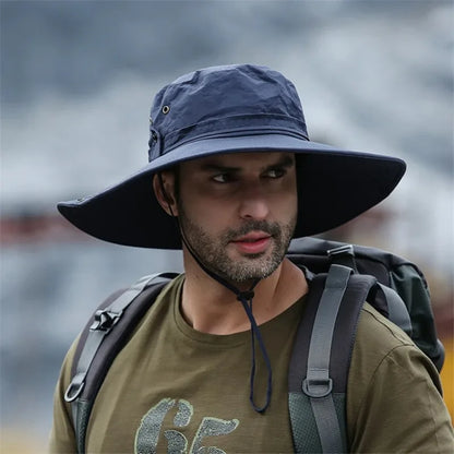 2025 Summer Wide Brim Bucket Hat – Breathable Mesh Outdoor Sun Cap for Men