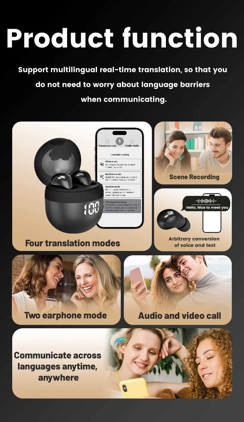 AI Language Translation Wireless Earbuds – Bluetooth Sport Headphones with Deep Bass & Invisible Comfort for Sleep & Travel!