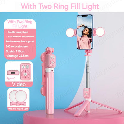 Bluetooth Wireless Selfie Stick – Foldable Phone Stand with Ring Light for Makeup, Video, & Live Streaming