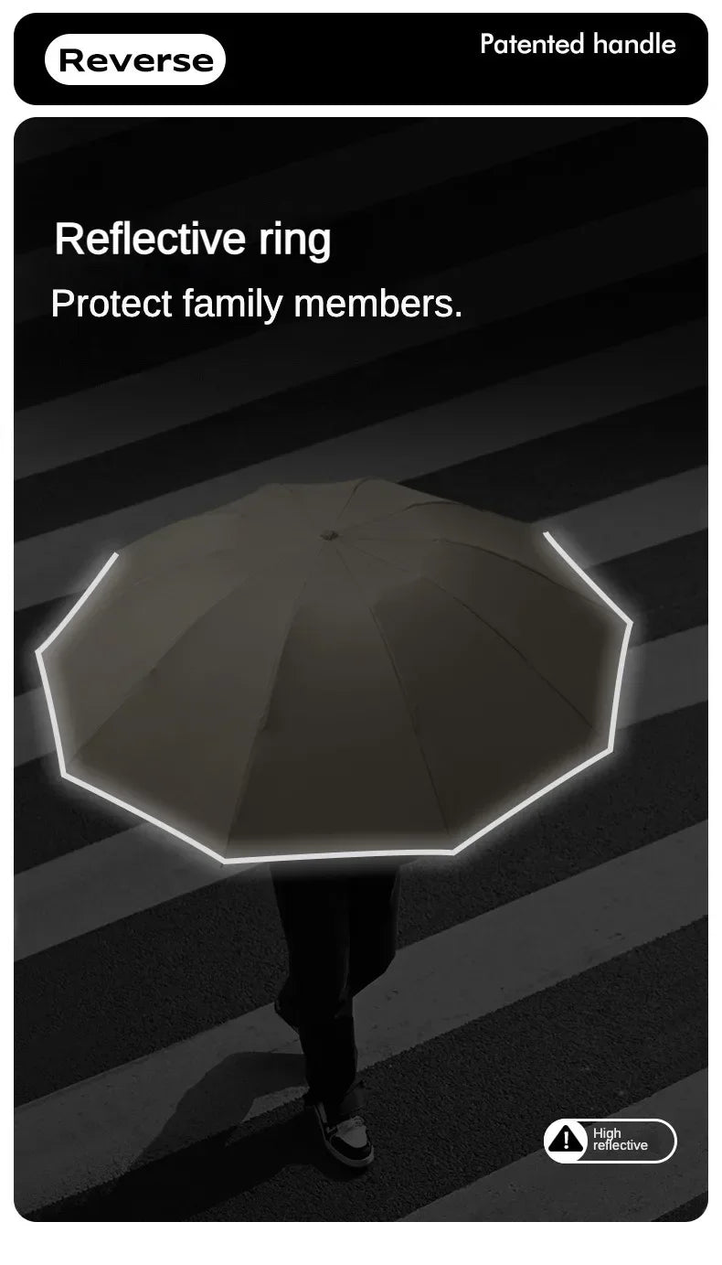 Travel Portable Rain Umbrella, Buckle Automatic Folding Reverse Umbrella, Safety Reflective Strip, Windproof Umbrella Men Women