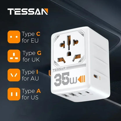 TESSAN 100W GaN Universal Travel Adapter – Fast Charging USB & Type-C Plug for EU/UK/US/AU!