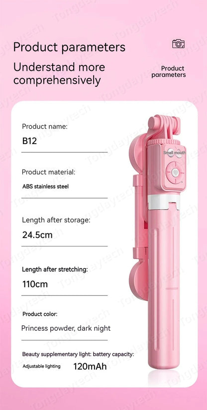 Bluetooth Wireless Selfie Stick – Foldable Phone Stand with Ring Light for Makeup, Video, & Live Streaming