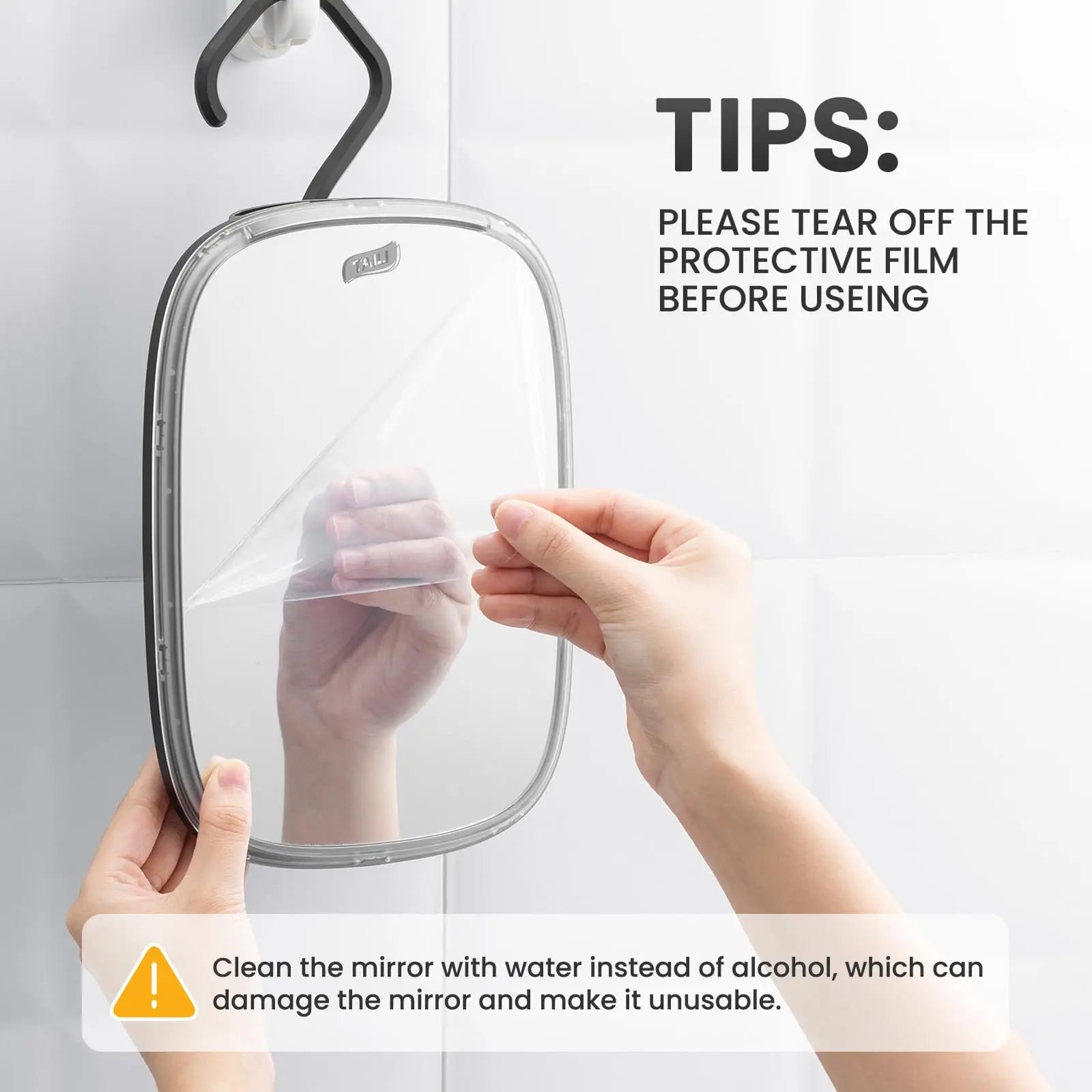 TAILI Shower Mirror Fogless for Shaving, Removable Fog Free Wall Hanging Mirror Portable Bathroom Mirror for Travel Camping