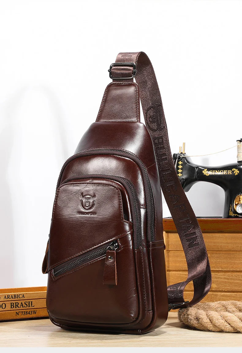 BULLCAPTAIN 2025 Men's Leather Chest Bag – Large Capacity Casual Messenger Bag, Classic Leather XB 127