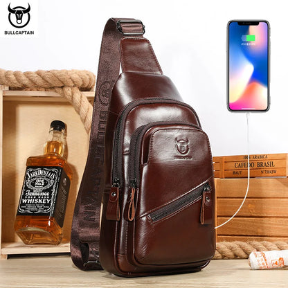 BULLCAPTAIN 2025 Men's Leather Chest Bag – Large Capacity Casual Messenger Bag, Classic Leather XB 127