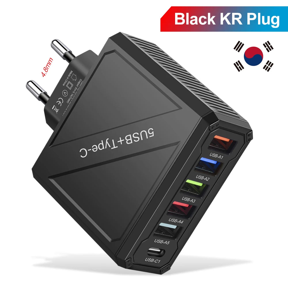 65W 5-Port USB Fast Charger – PD & QC 3.0 Adapter for Xiaomi, iPhone, Samsung & Vivo