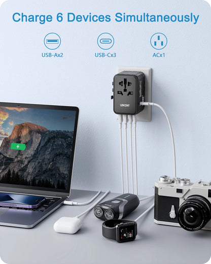 LENCENT 65W GaN Universal Travel Adapter – 2 USB & 3 Type-C Fast Charging All-in-One Charger for EU/UK/USA/AUS Travel