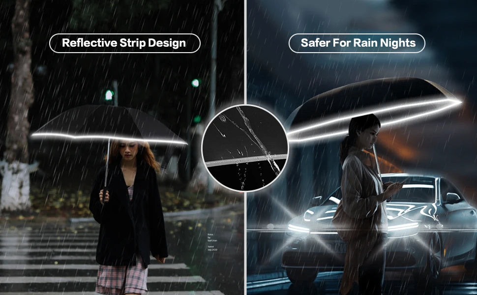 Travel Portable Rain Umbrella, Buckle Automatic Folding Reverse Umbrella, Safety Reflective Strip, Windproof Umbrella Men Women