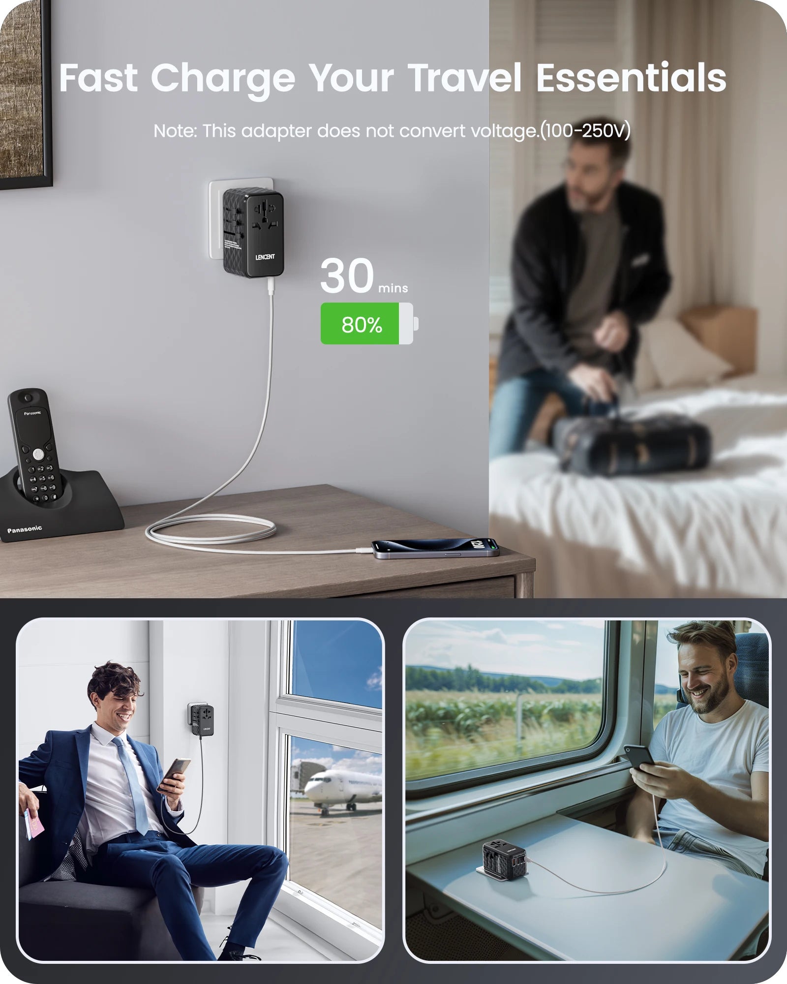 LENCENT 140W GaN Universal Travel Adapter – Fast Charging with 3 USB-C & 1 USB-A for EU/UK/US/AU! 🌍⚡
