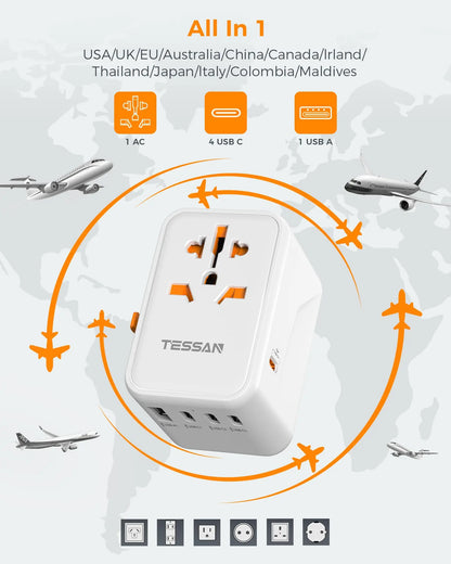 TESSAN 100W GaN Universal Travel Adapter – Fast Charging USB & Type-C Power Adapter for EU/UK/US/AU!