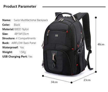Swiss Multifunctional 17-Inch Laptop Backpack – Durable Travel & College Bag with USB Charging & Water Resistance