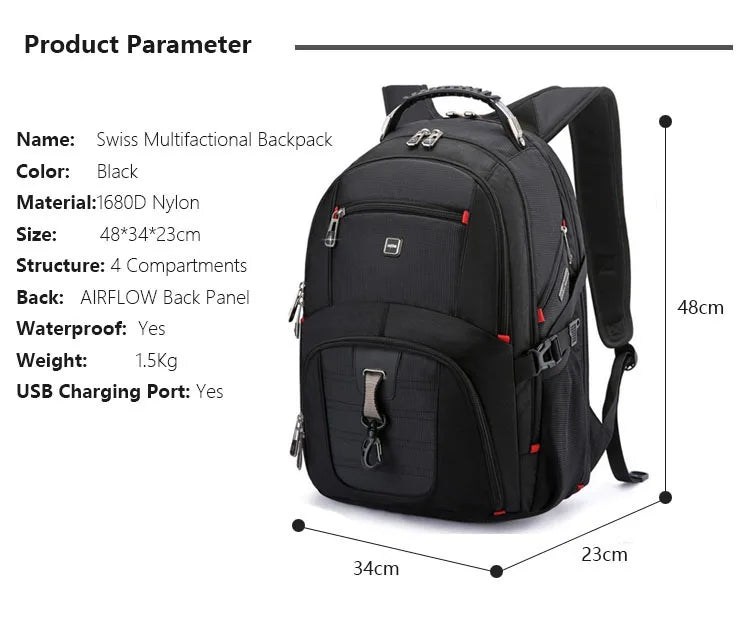 Swiss Multifunctional 17-Inch Laptop Backpack – Durable Travel & College Bag with USB Charging & Water Resistance