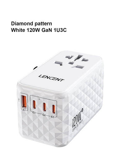 LENCENT 120W GaN International Travel Adapter – 1 USB-A & 3 Type-C PD3.0 Fast Charging EU/UK/USA/AUS Plug Travel Charger