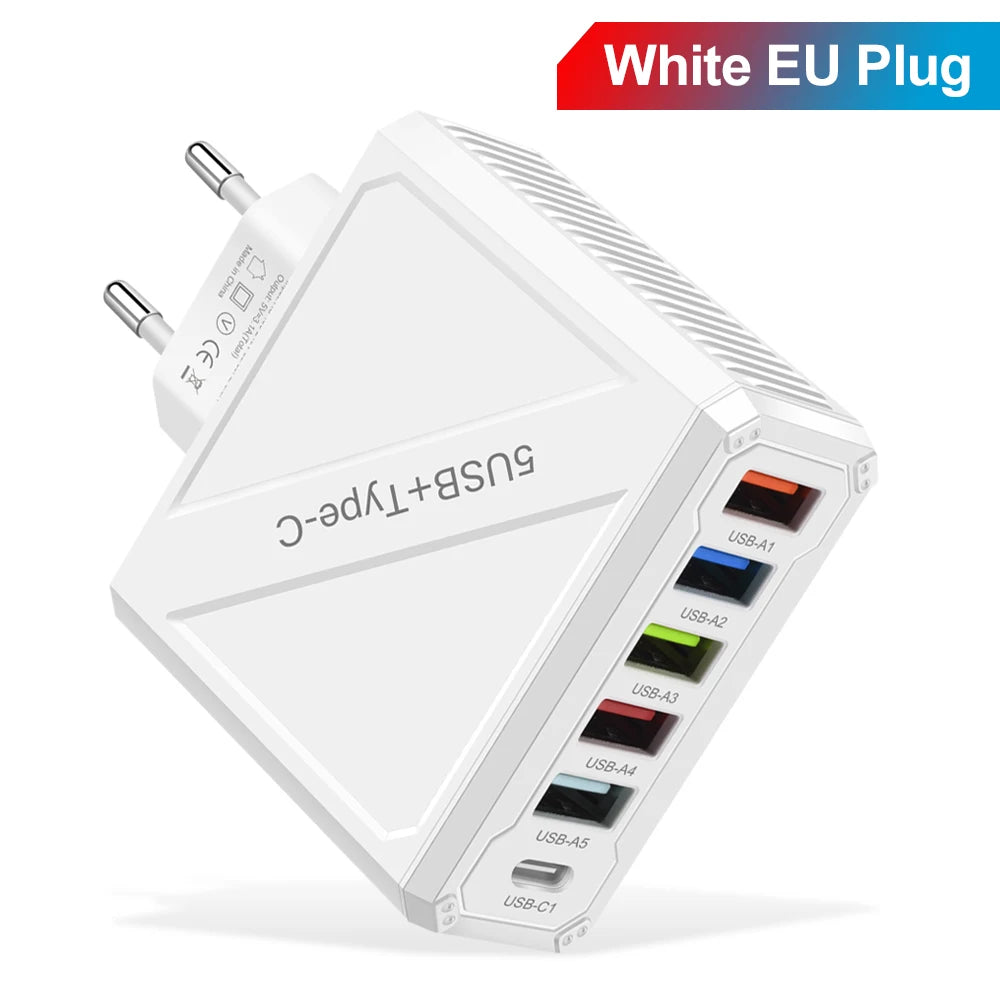 65W 5-Port USB Fast Charger – PD & QC 3.0 Adapter for Xiaomi, iPhone, Samsung & Vivo
