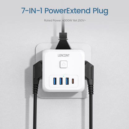LENCENT 7-in-1 EU Power Strip – Wall Socket with 3 AC Outlets, 3 USB (QC 18W) & 1 Type-C (PD 35W) Fast Charger!