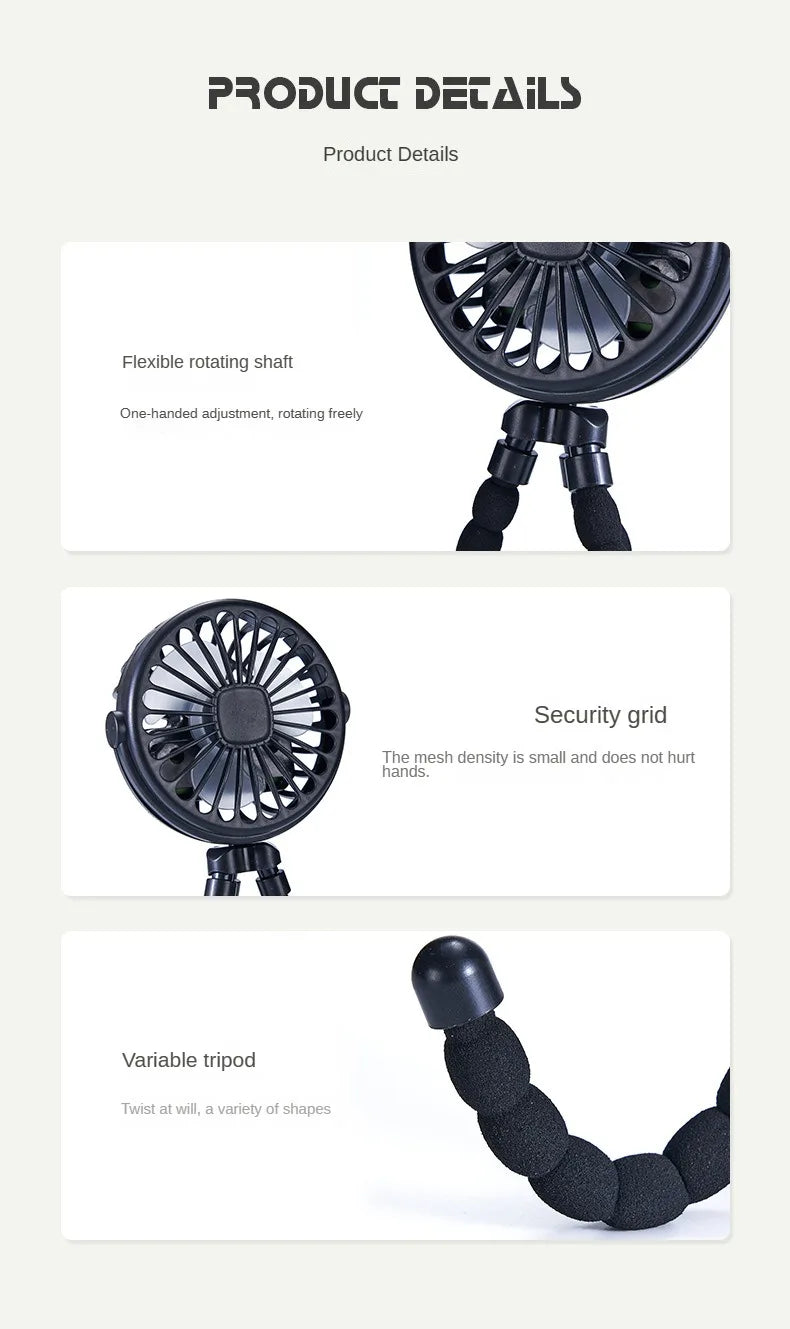 Portable Clip-On Stroller Fan – USB Rechargeable 3-Speed Fan for Baby, Cart & Outdoor Use