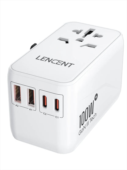 LENCENT 100W GaN Universal Travel Adapter – 2 QC4.0 USB-A & 2 PD3.0 Type-C PPS Fast Charging, EU/UK/USA/AUS Plug for Travel