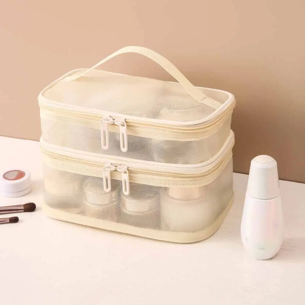 Fashion Transparent Mesh Travel Cosmetic Bag – Large Capacity 1/2/3 Layer Toiletry & Makeup Organizer for Women