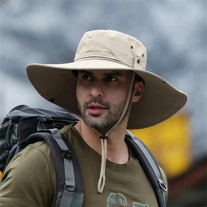 2025 Summer Wide Brim Bucket Hat – Breathable Mesh Outdoor Sun Cap for Men