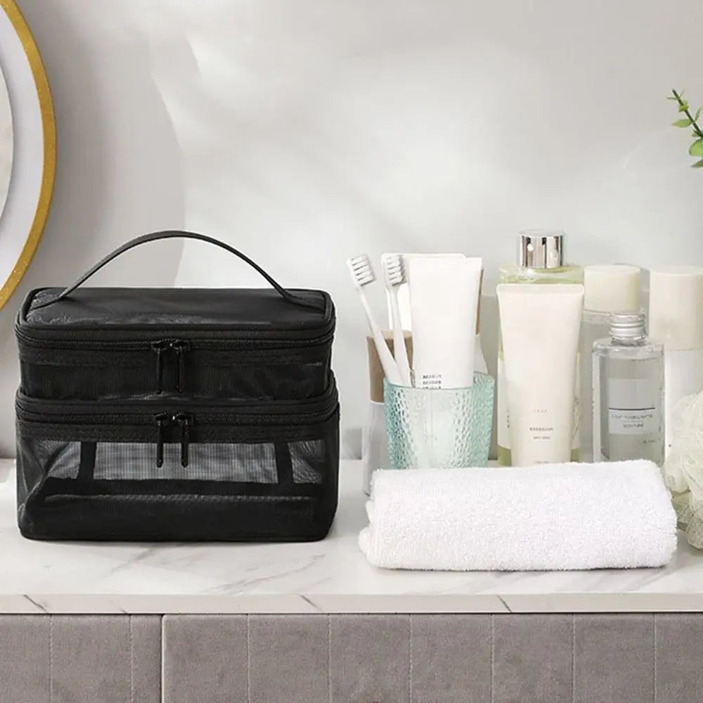 Fashion Transparent Mesh Travel Cosmetic Bag – Large Capacity 1/2/3 Layer Toiletry & Makeup Organizer for Women