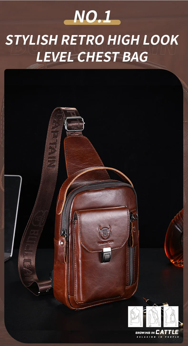 BULLCAPTAIN Men's Genuine Leather Chest Bag – Retro Anti-Theft Crossbody Bag for 7.9" Devices