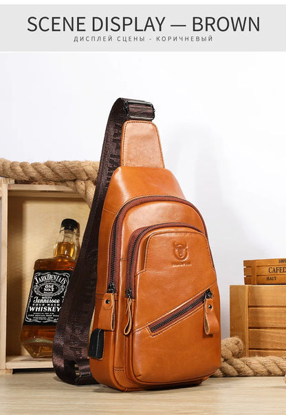 BULLCAPTAIN 2025 Men's Leather Chest Bag – Large Capacity Casual Messenger Bag, Classic Leather XB 127
