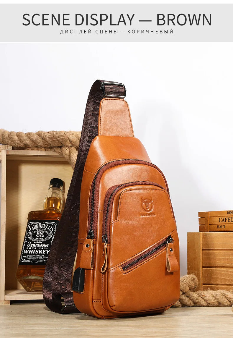 BULLCAPTAIN 2025 Men's Leather Chest Bag – Large Capacity Casual Messenger Bag, Classic Leather XB 127