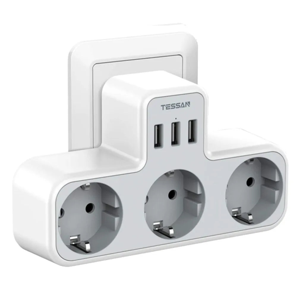 TESSAN 6-in-1 Socket Adapter – 3-Way Outlet with USB & Surge Protection for Travel, Smartphones & Laptops!